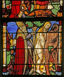Fenster mit Darstellung von Gott, der Adam und Eva befragt